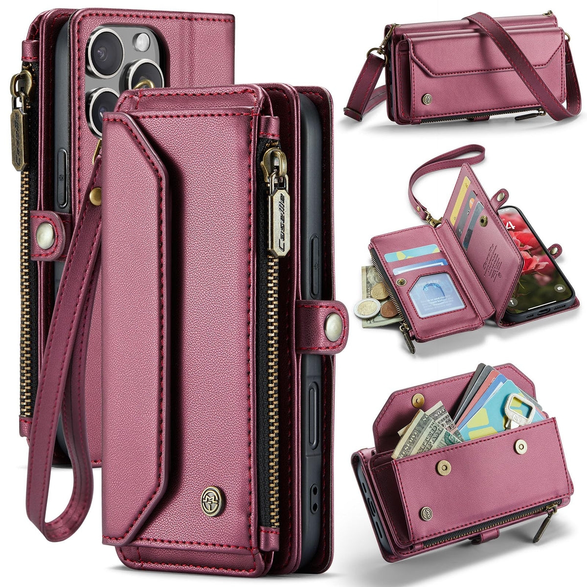 iPhone 16 Pro Multifunctional Wallet Case with RFID Protection & Stand (Red)