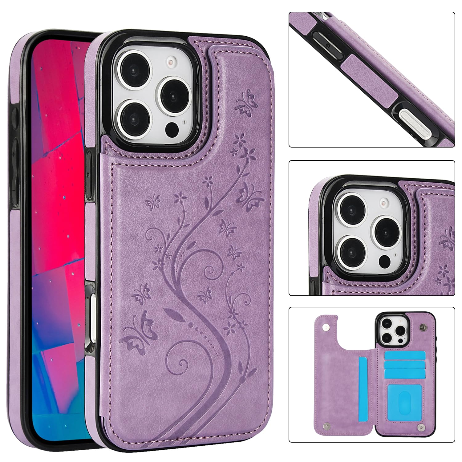 iPhone 16 Pro Max Butterfly Leather Wallet Case - Purple