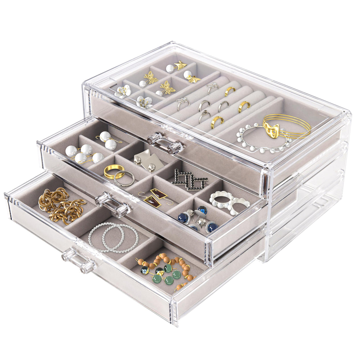 3-Drawer Acrylic Jewelry Organizer with Velvet Trays